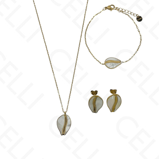 Colar/Brinco/Pulseira de Aço - Buzio com madrepérola