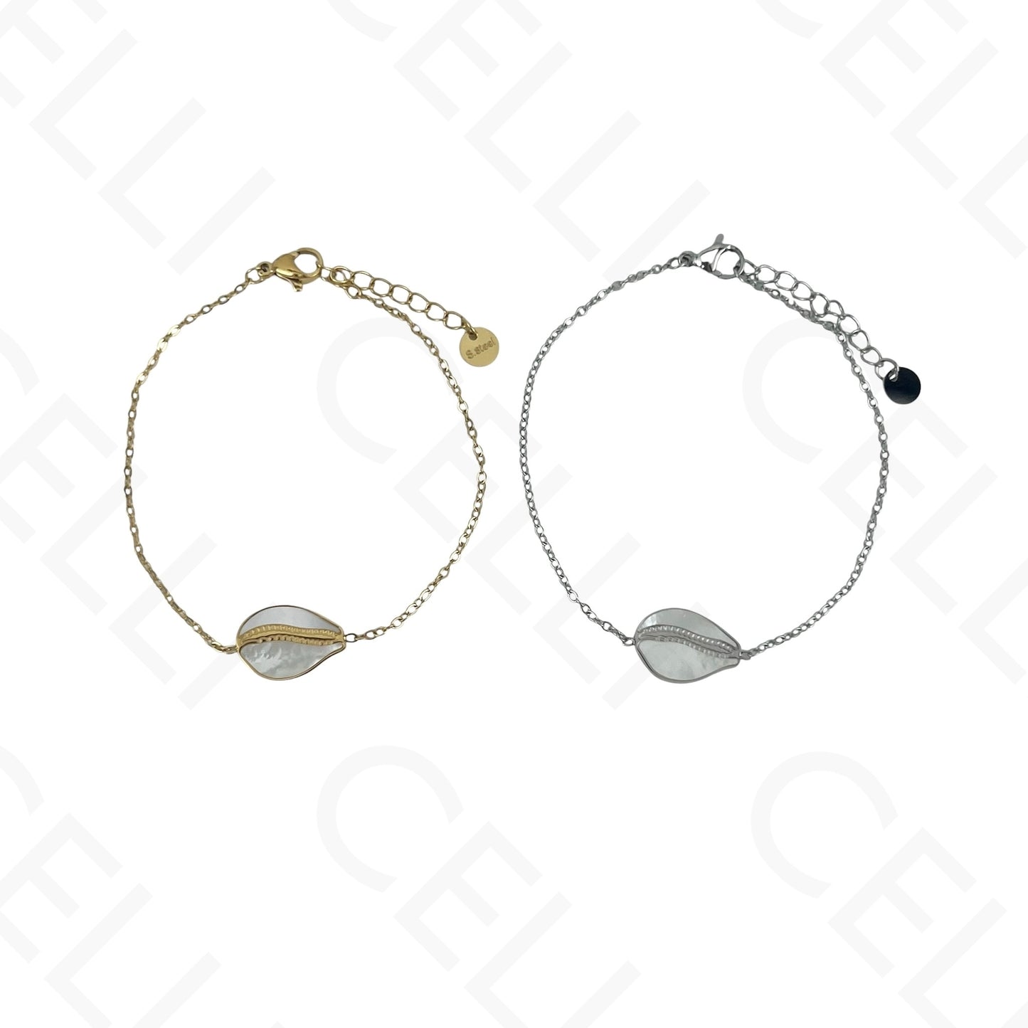 Collar/Pendientes/Pulsera de acero - Concha de cauri con nácar