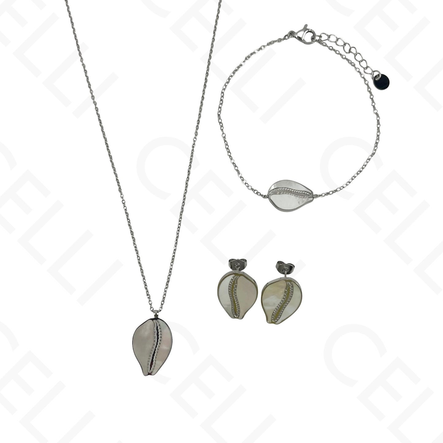 Collar/Pendientes/Pulsera de acero - Concha de cauri con nácar