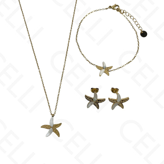 Colar/Brinco/Pulseira de Aço - Estrela do mar com madrepérola