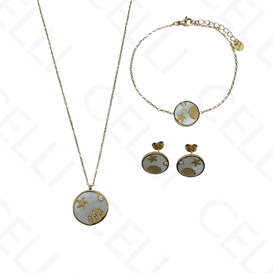 Colar/Brinco/Pulseira de Aço - Estrela do mar com madrepérola