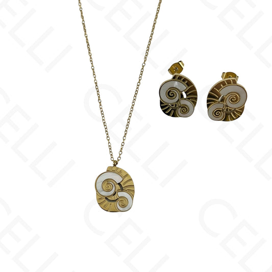 Colar/Brinco/Pulseira de Aço - Búzio caracol com madrepérola