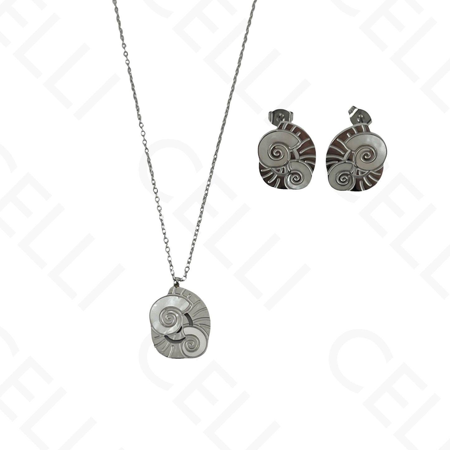 Steel Necklace/Earrings/Bracelet - Cowrie shell with mother-of-pearl