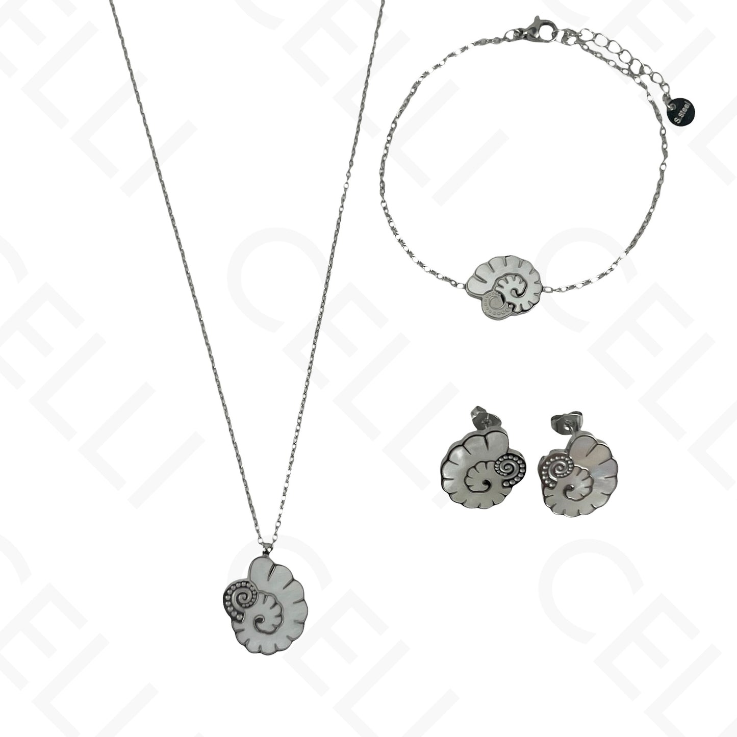 Steel Necklace/Earrings/Bracelet - Cowrie shell with mother-of-pearl