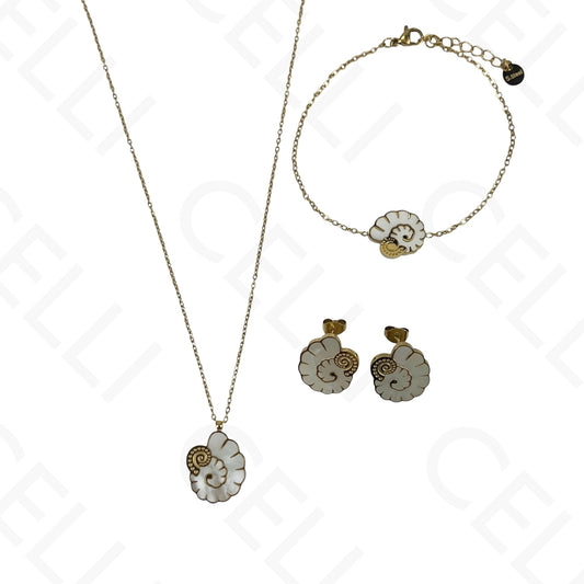 Colar/Brinco/Pulseira de Aço - Búzio caracol com madrepérola