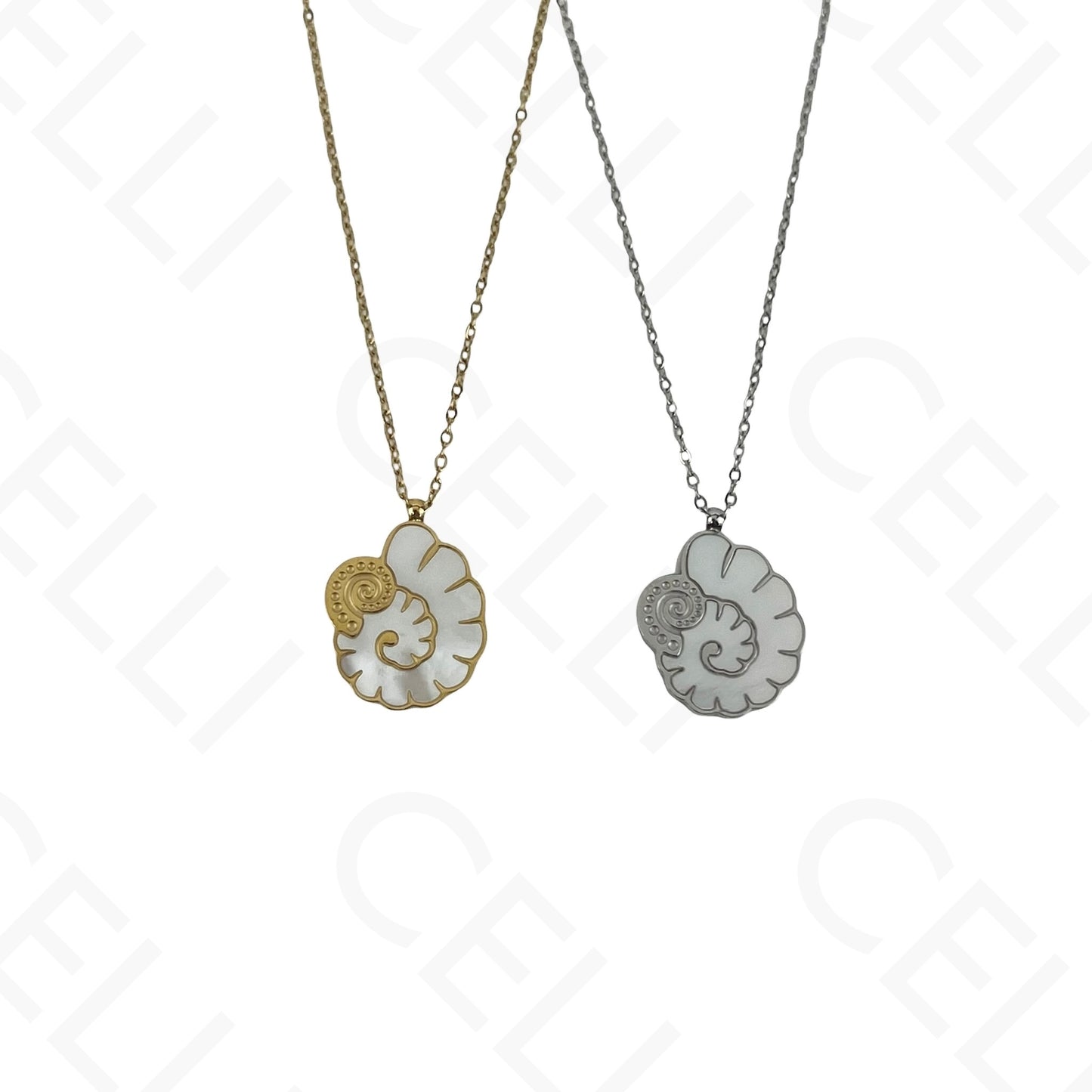 Steel Necklace/Earrings/Bracelet - Cowrie shell with mother-of-pearl