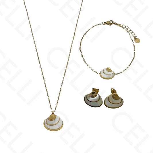Colar/Brinco/Pulseira de Aço - Concha com madrepérola