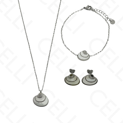 Colar/Brinco/Pulseira de Aço - Concha com madrepérola