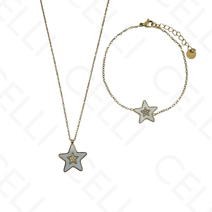 Colar/Brinco/Pulseira de Aço - Estrela com madrepérola