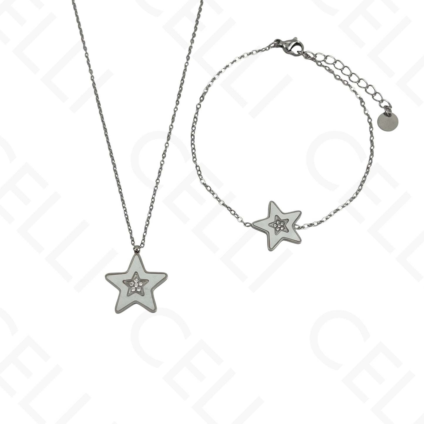 Colar/Brinco/Pulseira de Aço - Estrela com madrepérola