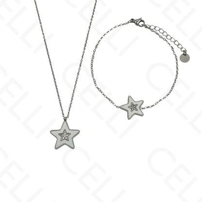 Colar/Brinco/Pulseira de Aço - Estrela com madrepérola
