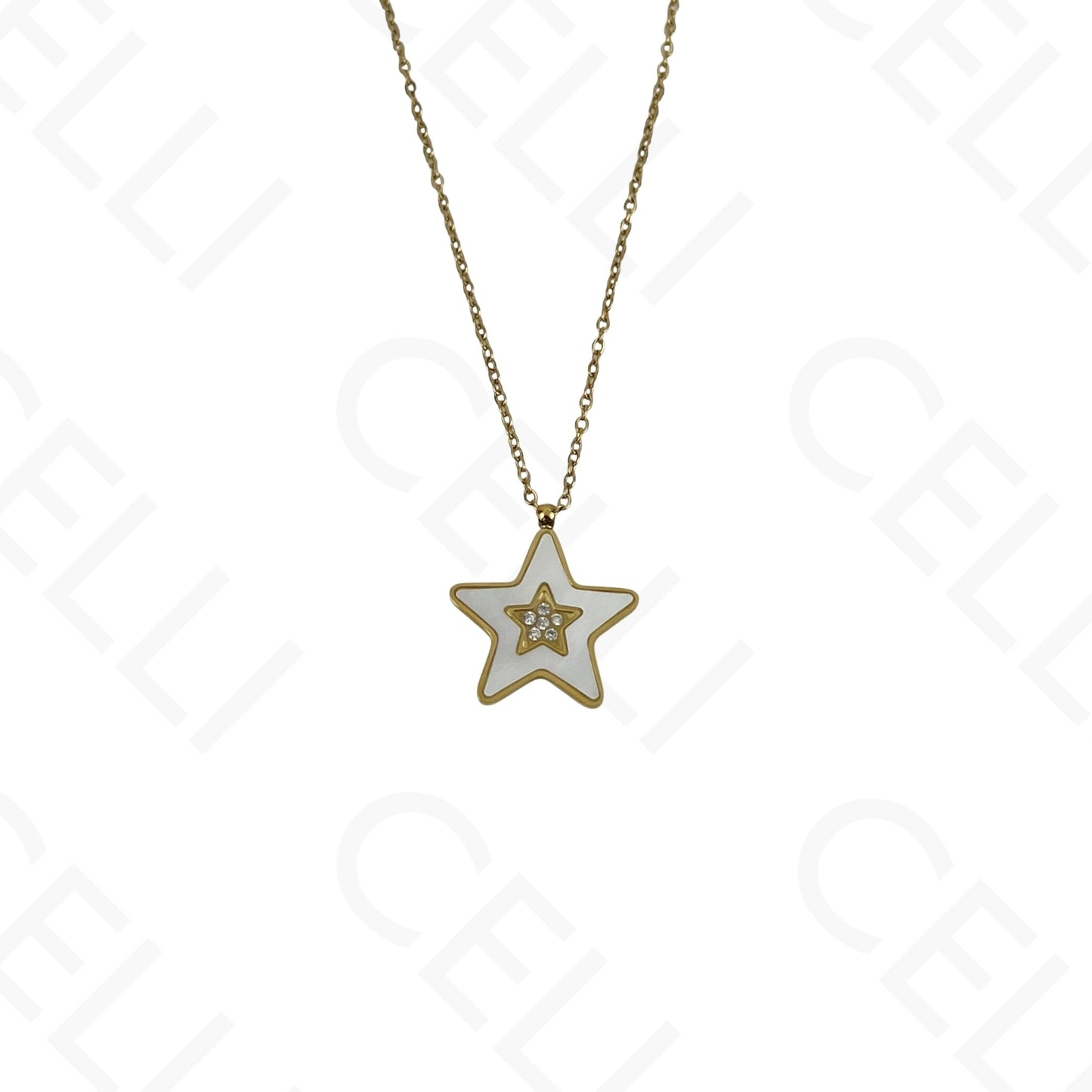 Colar/Brinco/Pulseira de Aço - Estrela com madrepérola