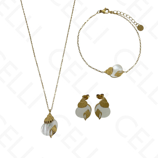 Colar/Brinco/Pulseira de Aço - Búzio com madrepérola