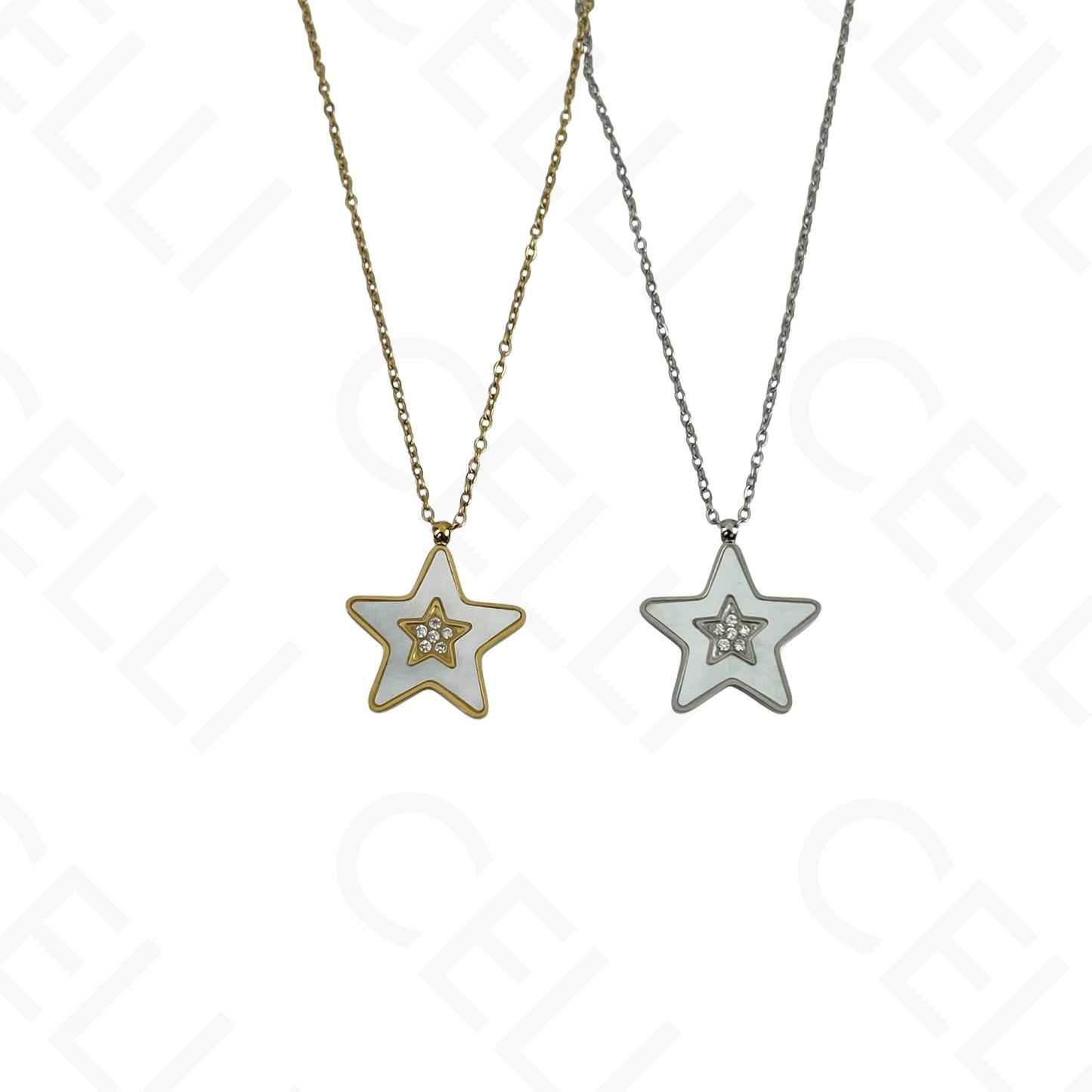 Colar/Brinco/Pulseira de Aço - Estrela com madrepérola