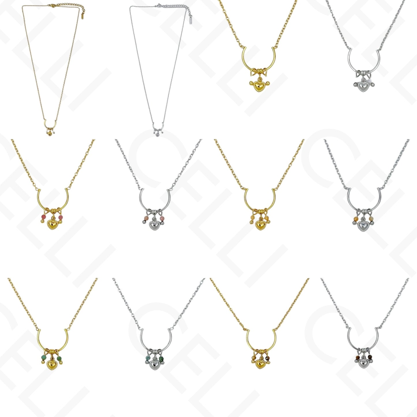 Colar de aço - meia argola com pendentes pedra natural