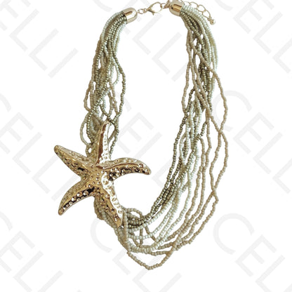 Colar de moda - multi fio de missangas e pendente estrela do mar