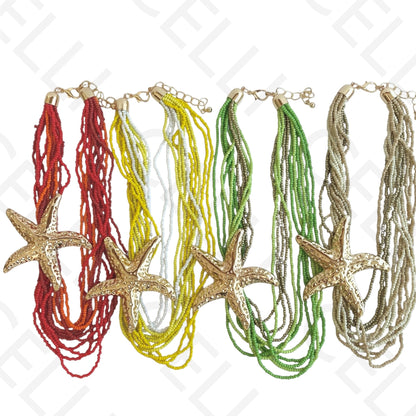 Colar de moda - multi fio de missangas e pendente estrela do mar