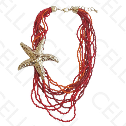 Colar de moda - multi fio de missangas e pendente estrela do mar