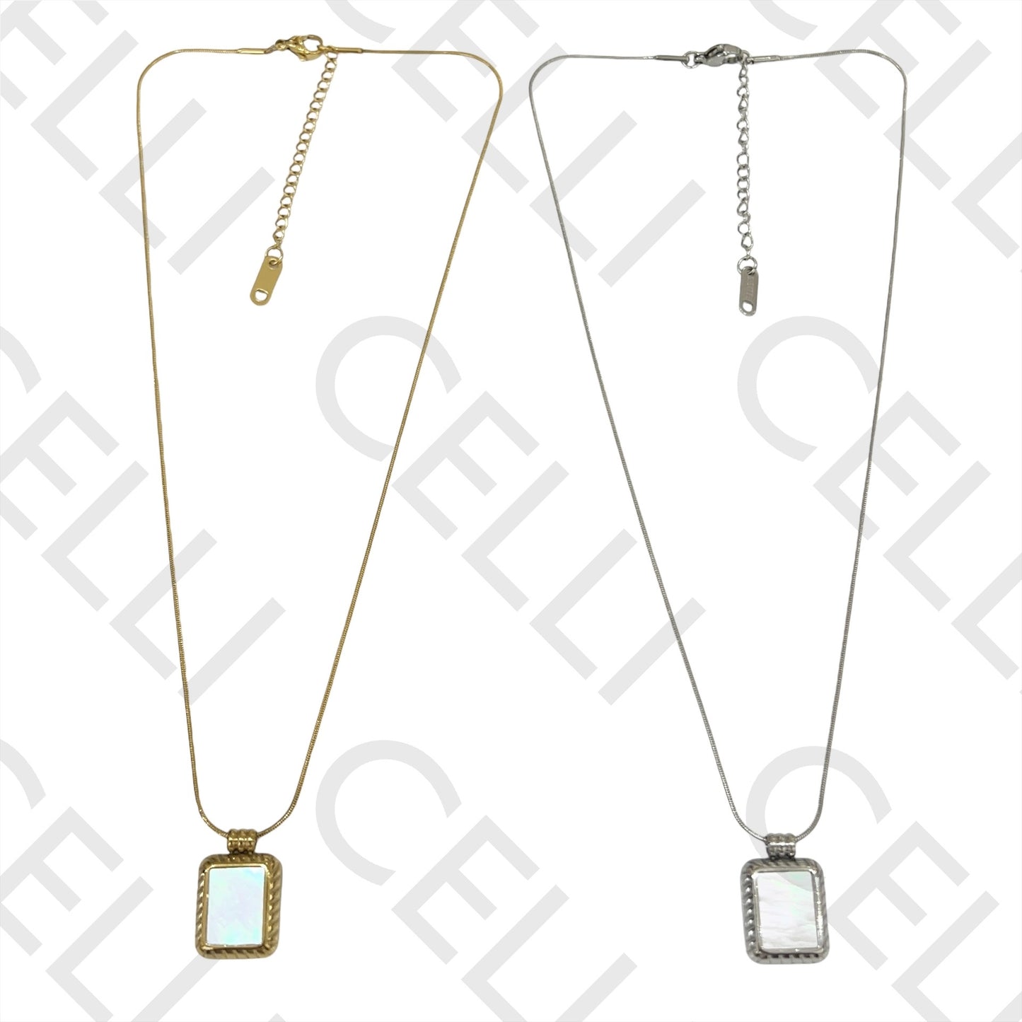 不锈钢项链 - 镶有珍珠母的矩形吊坠