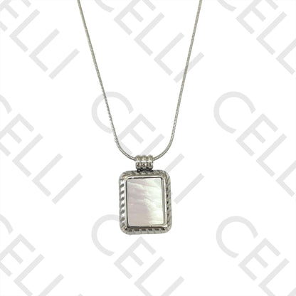 不锈钢项链 - 镶有珍珠母的矩形吊坠