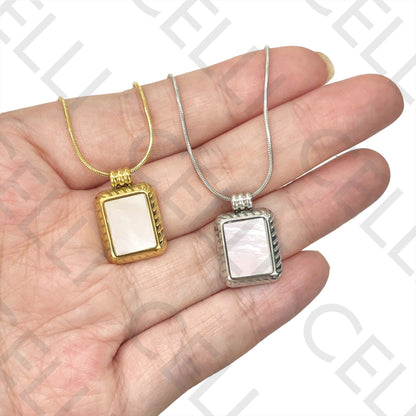 不锈钢项链 - 镶有珍珠母的矩形吊坠