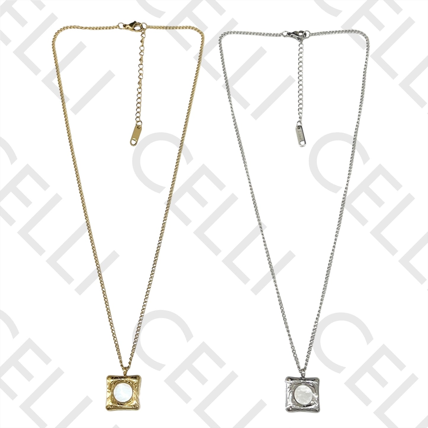 不锈钢项链 - 方形带珍珠母