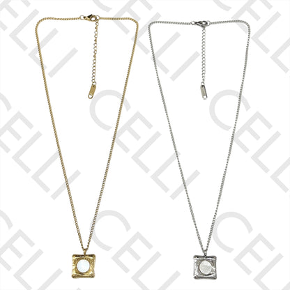 不锈钢项链 - 方形带珍珠母