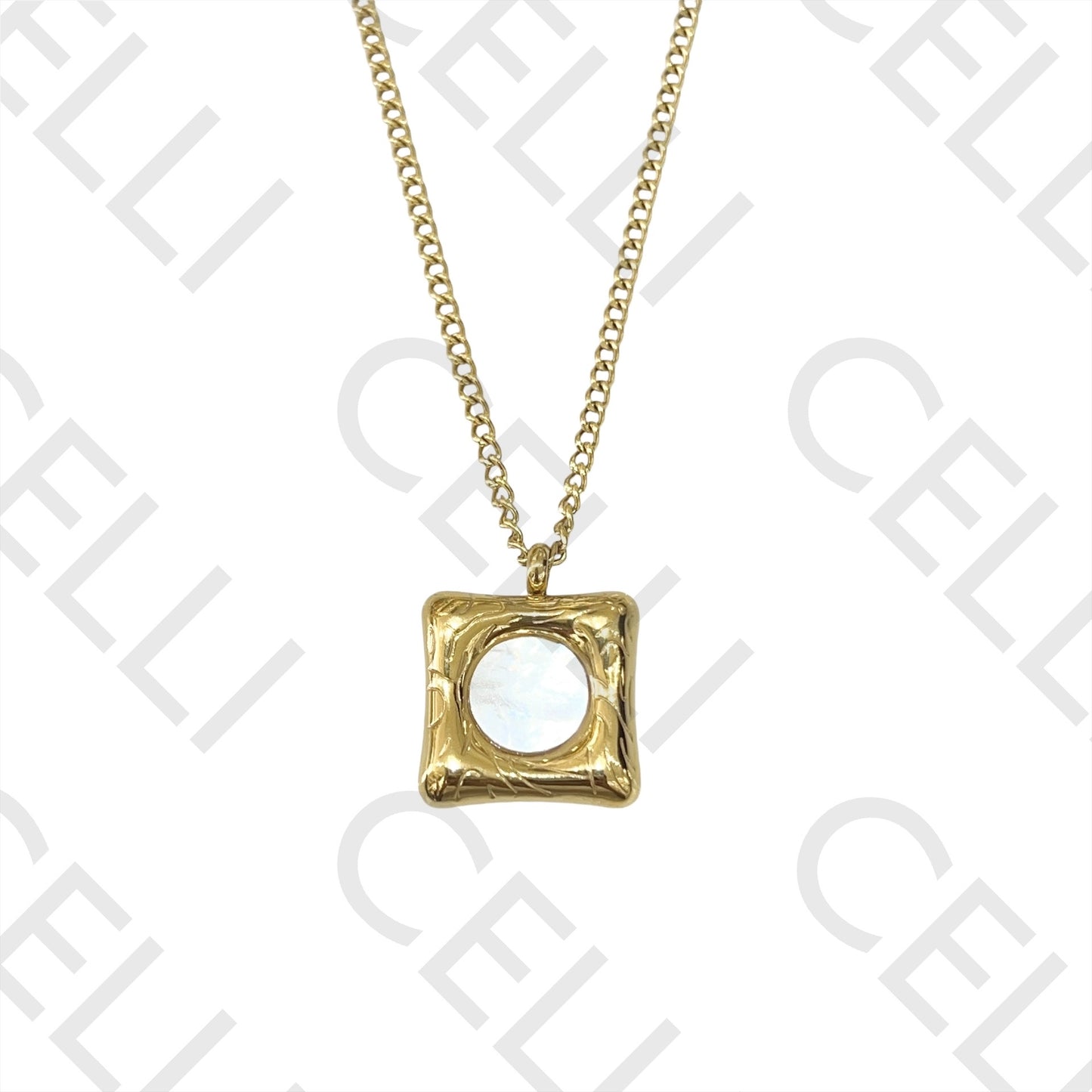 不锈钢项链 - 方形带珍珠母