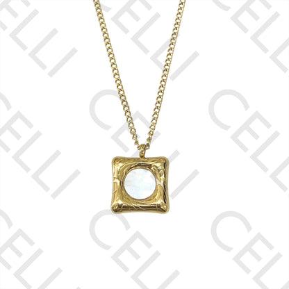 不锈钢项链 - 方形带珍珠母