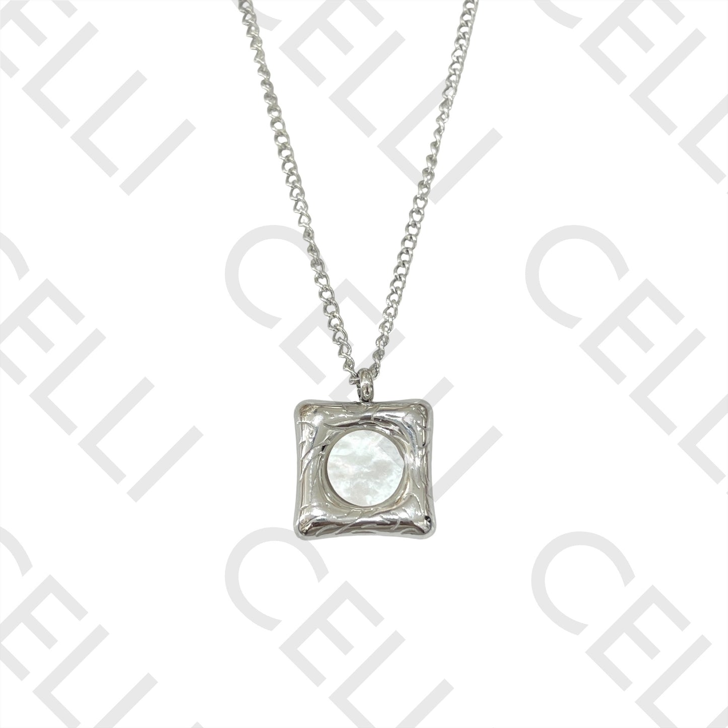 不锈钢项链 - 方形带珍珠母