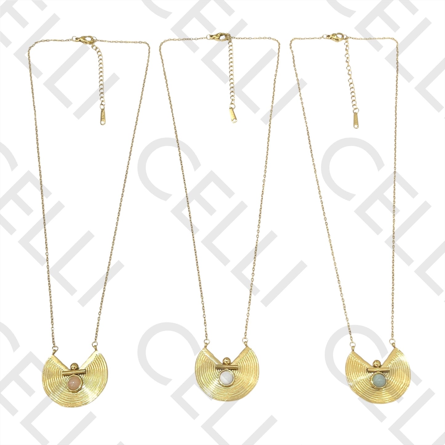 不锈钢圆颈链 - 带天然石