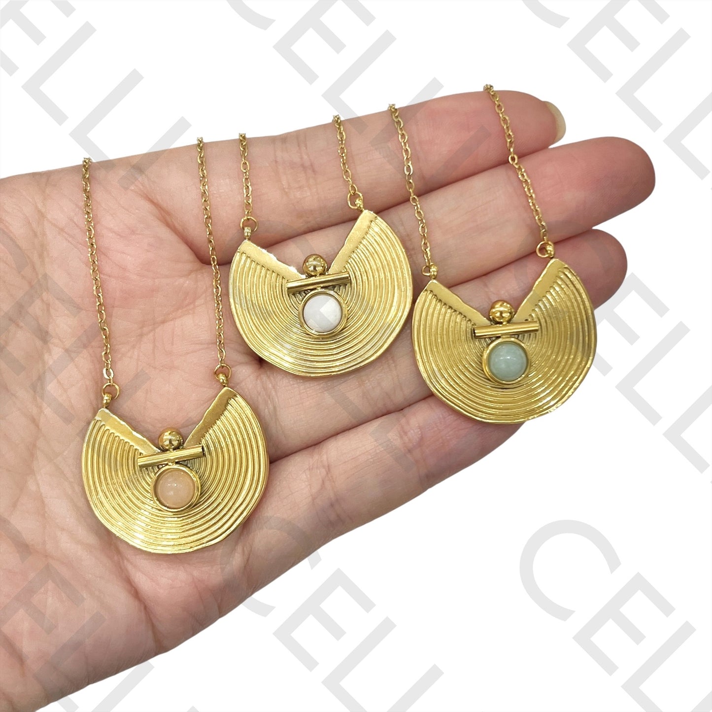 不锈钢圆颈链 - 带天然石