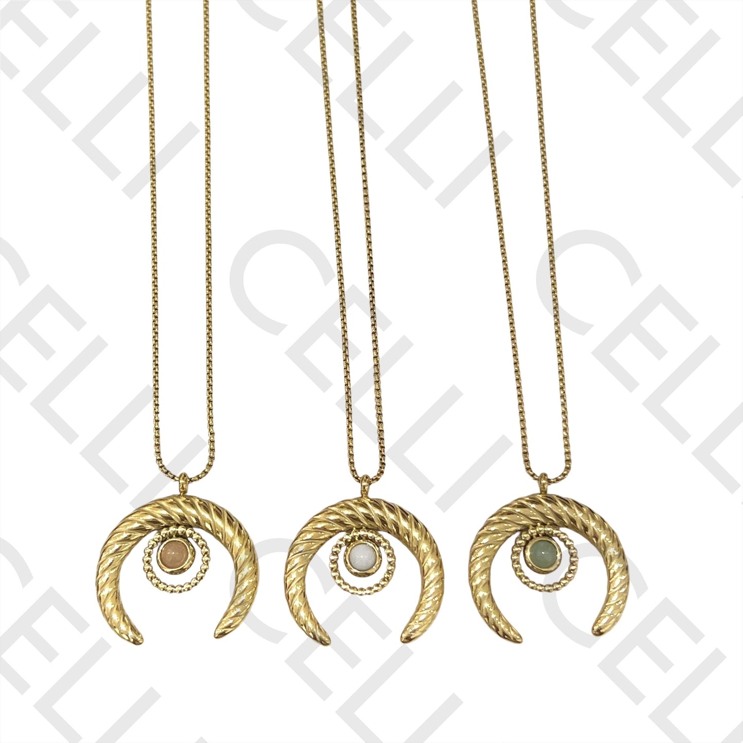 钢制项链 - 带天然石的月亮