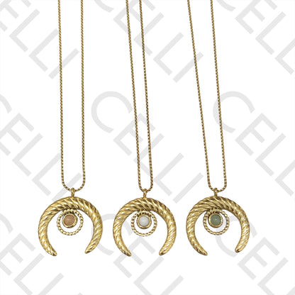 钢制项链 - 带天然石的月亮