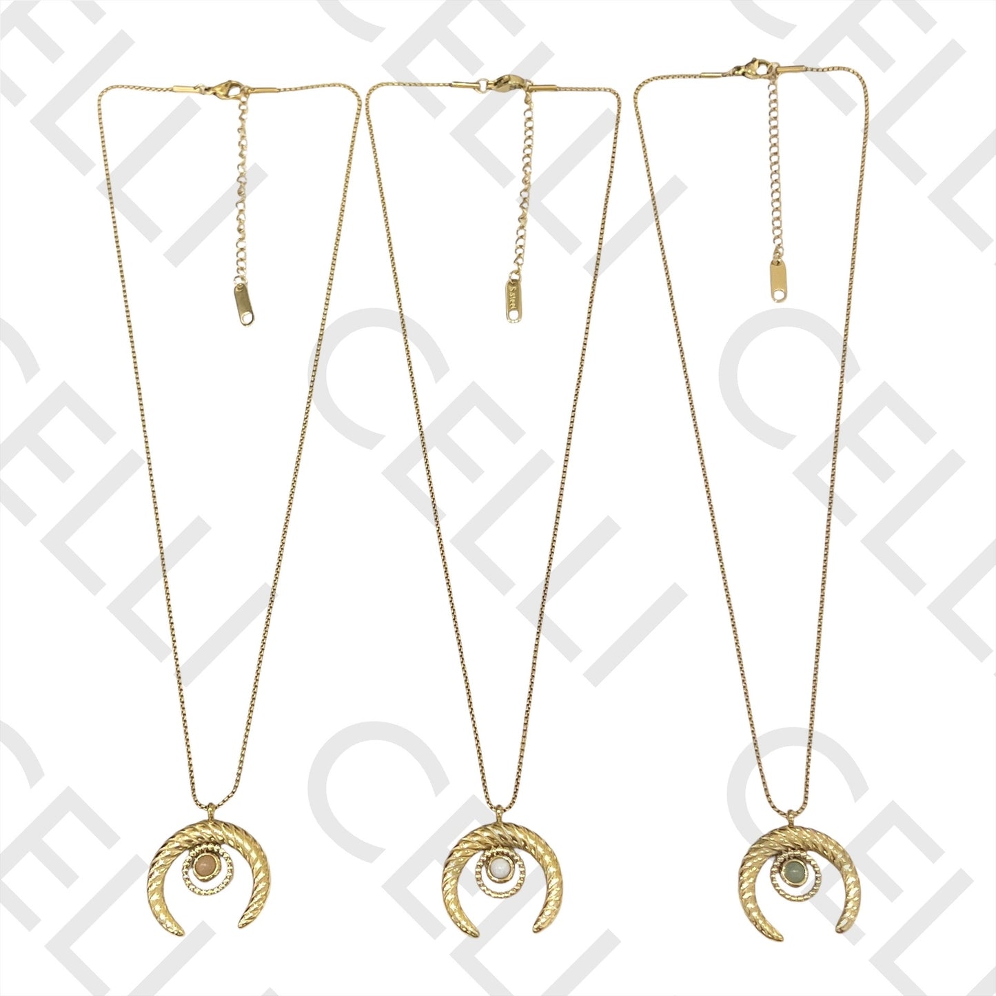 钢制项链 - 带天然石的月亮