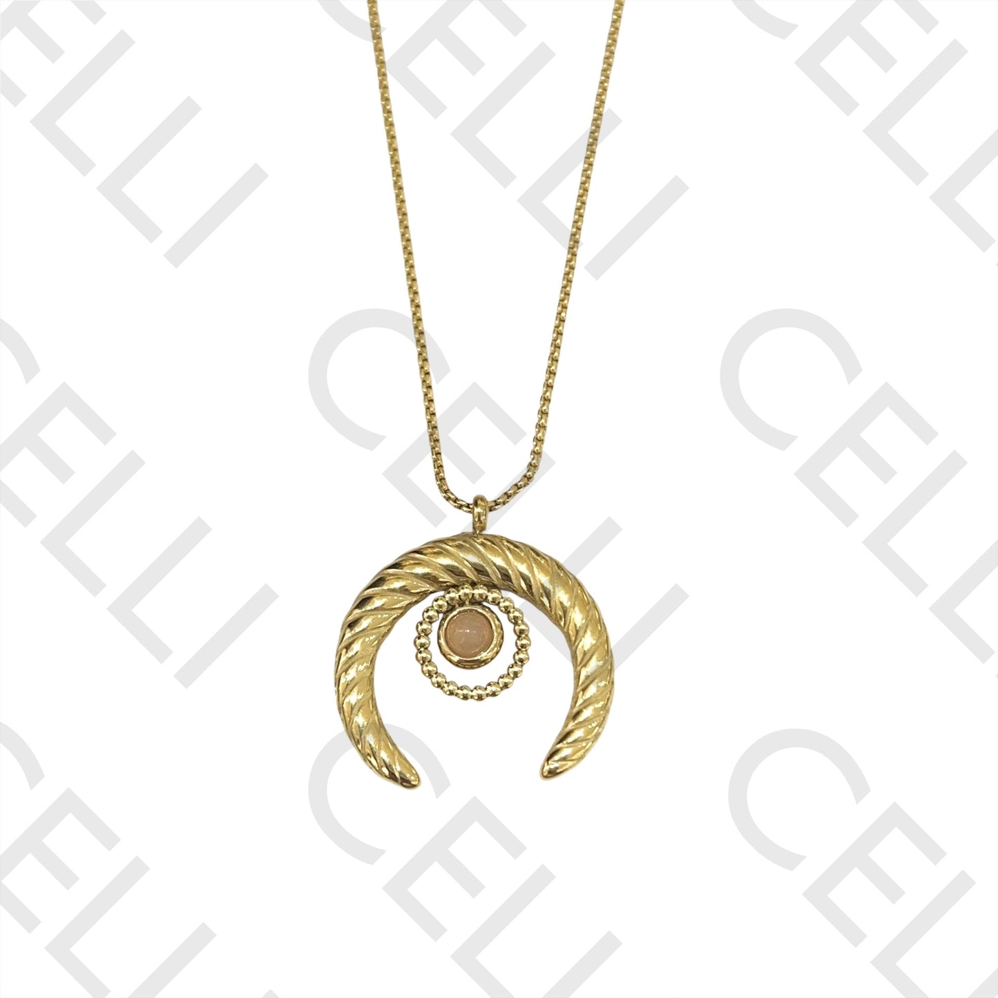 钢制项链 - 带天然石的月亮