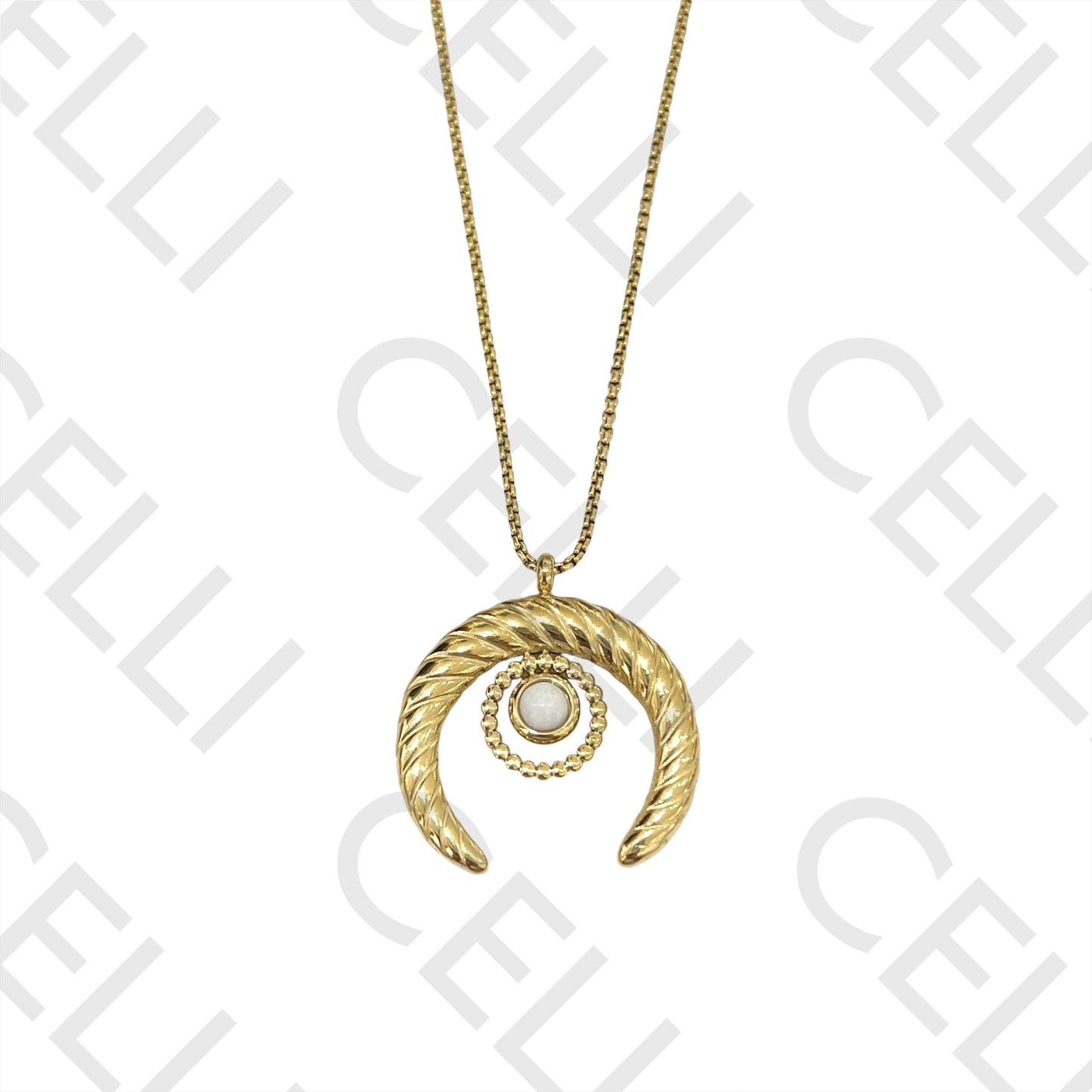 钢制项链 - 带天然石的月亮