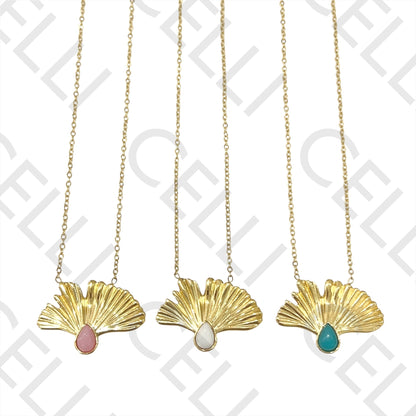 不锈钢项链 - 带天然石的叶子吊坠