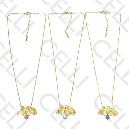 不锈钢项链 - 带天然石的叶子吊坠