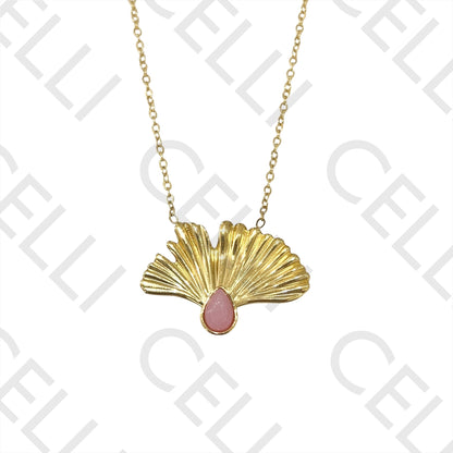 不锈钢项链 - 带天然石的叶子吊坠