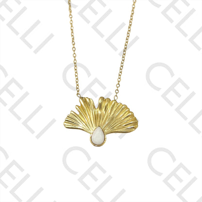 不锈钢项链 - 带天然石的叶子吊坠