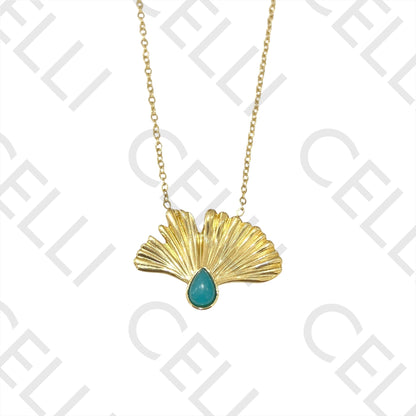 不锈钢项链 - 带天然石的叶子吊坠