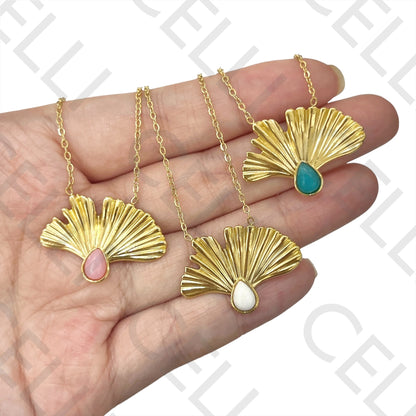 不锈钢项链 - 带天然石的叶子吊坠