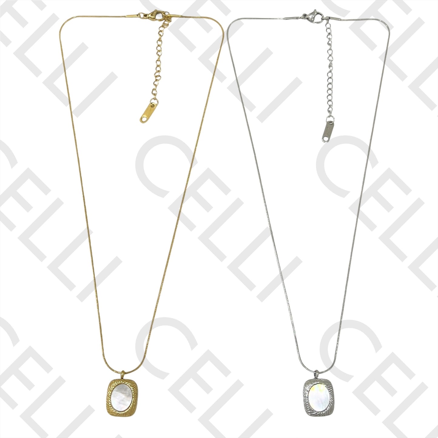 钢制项链 - 带椭圆形珍珠母的长方形吊坠