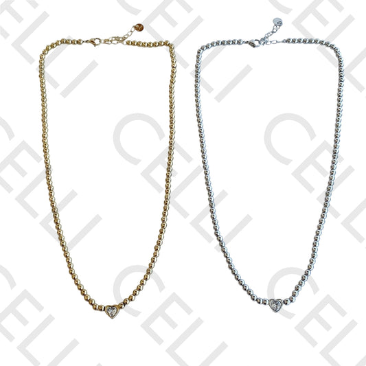 Colar de aço - bolas de aço e coração com brilhante