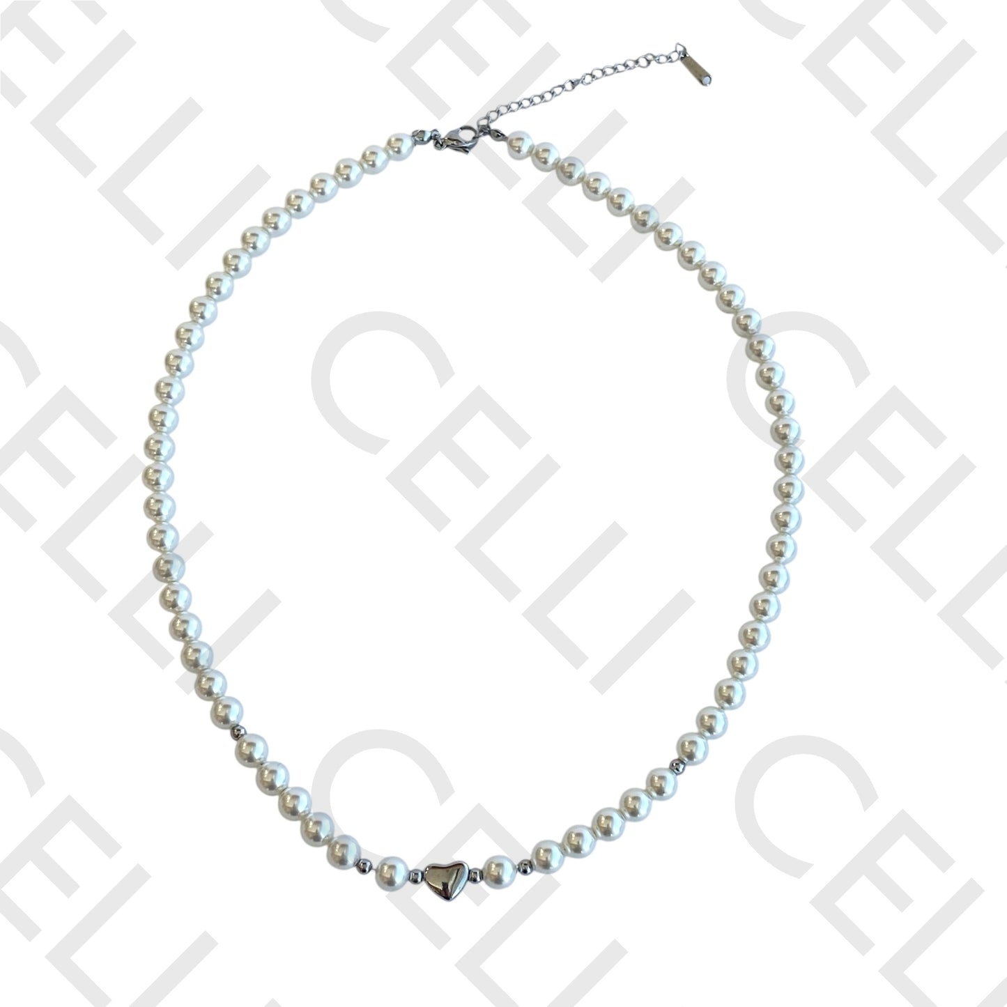 钢制项链 - 珍珠和心形中段