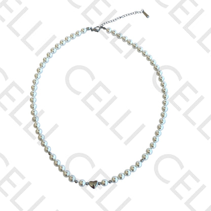 钢制项链 - 珍珠和心形中段