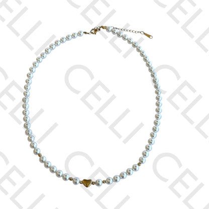 钢制项链 - 珍珠和心形中段