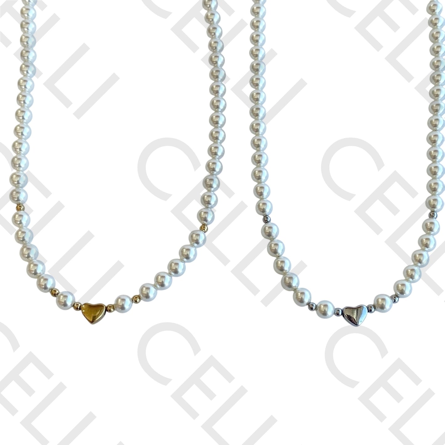 钢制项链 - 珍珠和心形中段