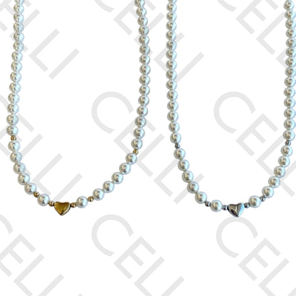 钢制项链 - 珍珠和心形中段